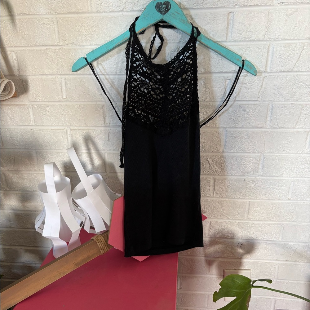 Free People Black Crochet Halter Top